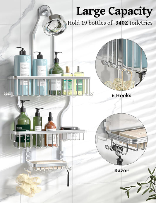 10 integrated hanging hooks for razors, loofahs, and towels