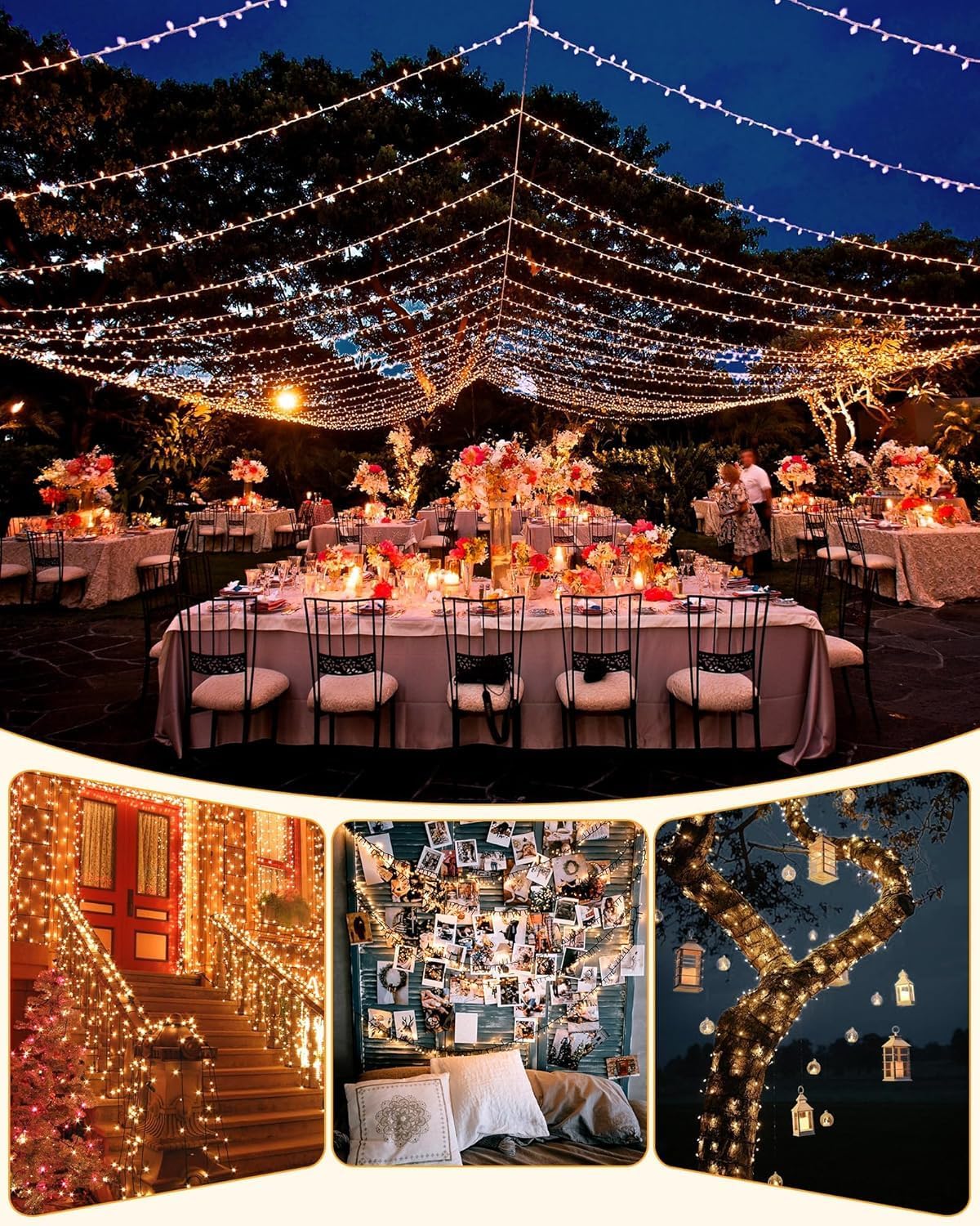 Brightown Solar Twinkle Lights 144ft 400 LED 2700K, Restrained Ambient Glow for Japandi Interior Neutral Decor and Intentional Living Spaces