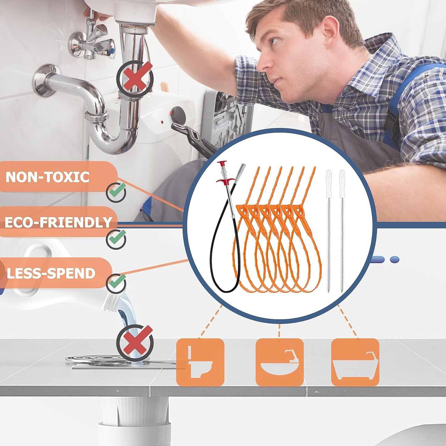 Drain Snake and Cleaning Brush Kit – Minimalist Bathroom Sink and Tub Maintenance Essentials