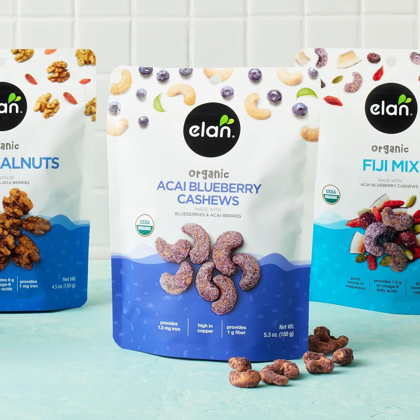 Elan Organic Acai Blueberry Cashews – Family Pantry Staple Safe for Gluten-Free and Vegan Households, 5.3 oz USDA Organic Cashews