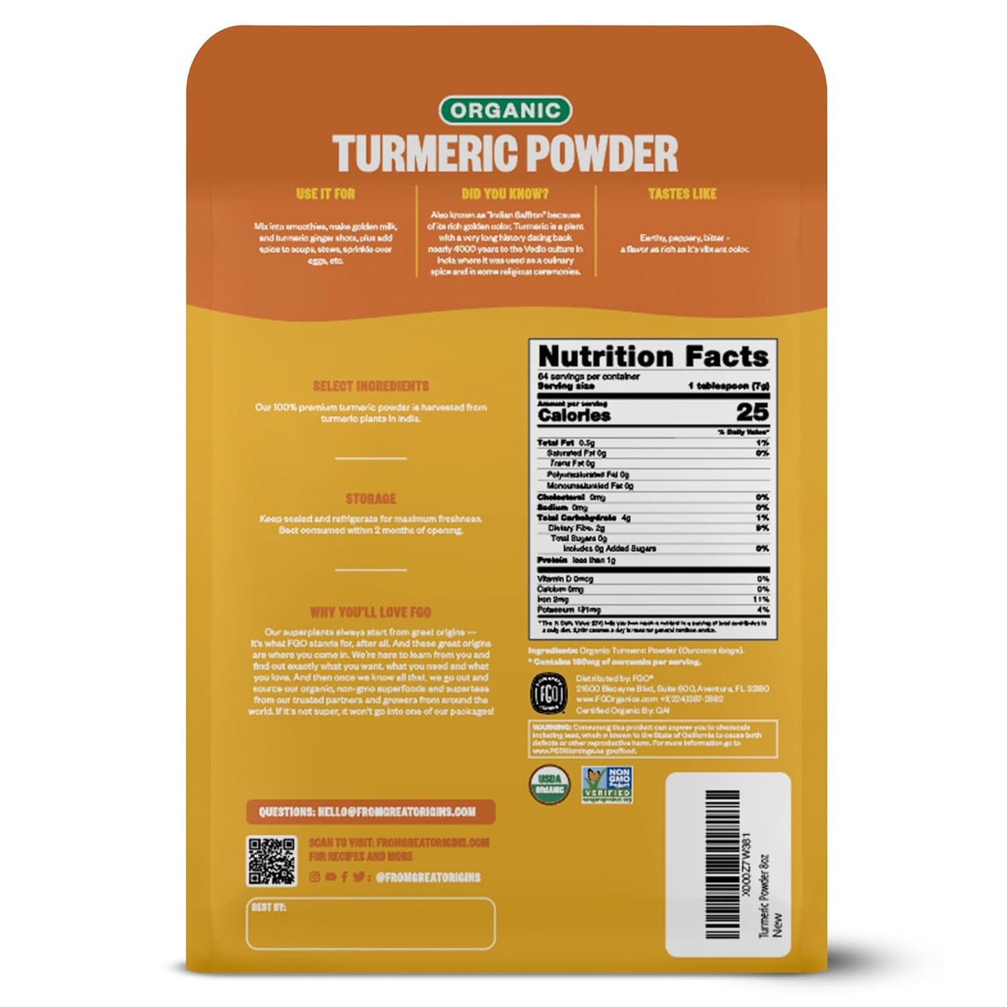 FGO Organic Turmeric Powder – Minimalist Countertop Spice for Simple Daily Cooking, 8oz Stand-Up Pouch