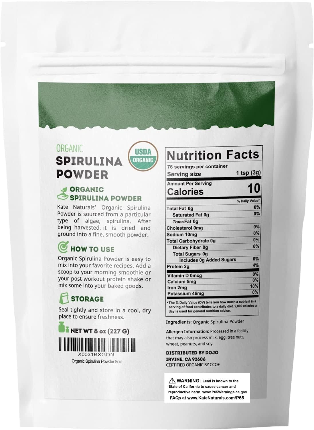 Kate Naturals Organic Spirulina Powder – Self-Care Gift for Mom Who Loves Green Superfoods, 8 oz