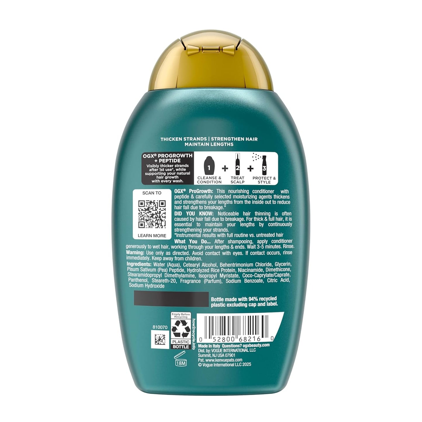 OGX ProGrowth + Peptide Conditioner – Mindful Hair Care Treatment for Fuller-Looking Lengths, 13 fl. oz