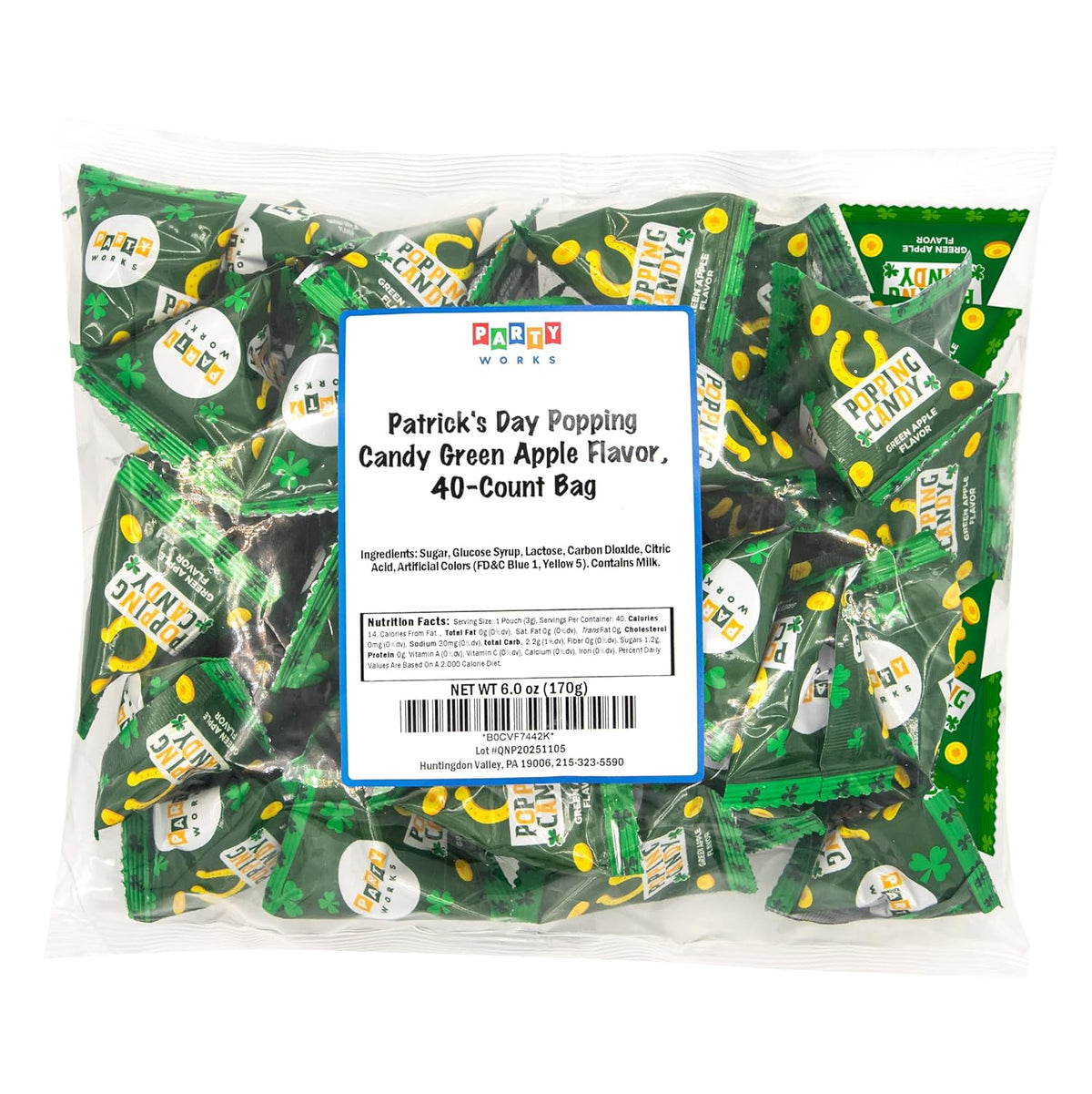 St Patty's Day Classroom Party Candy - 40 Mini Pop Rocks Sour Green Apple Packs, Individually Wrapped Treats for Kids' Goodie Bags, School Snacks & Holiday Parties