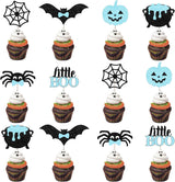 Blue Black Halloween Cupcake Toppers for Themed Home Party Setup, 36Pcs Two Spooky Ghost Pumpkin Bat Spider Decor for Stylish Dessert Table Styling