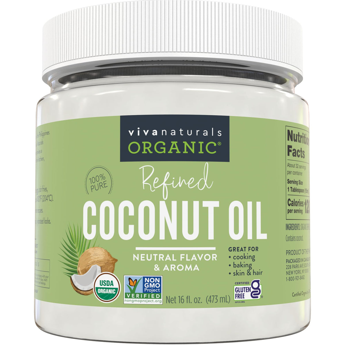 Viva Naturals Refined Coconut Oil, 16 fl oz – Expeller-Pressed, USDA Organic, Neutral Flavor & Aroma, Ideal for Cooking, Baking, Hair & Skin Moisturizer