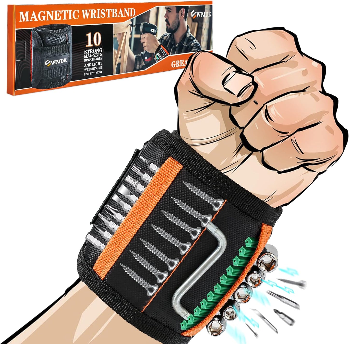 10 extra-strong embedded magnets spanning most of the wristband