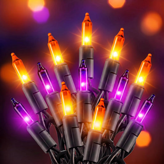 100 incandescent mini bulbs on 20ft black wire with 2.4 inch spacing (also offered in 40ft and 60ft)