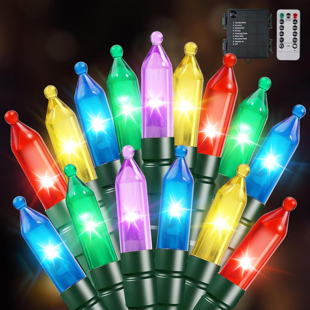 100 led bulbs across 33ft string with 4-inch spacing and 1.6ft lead wire