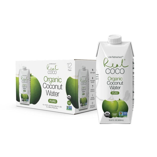 100% usda organic coconut water in a 12-pack of 500ml cans