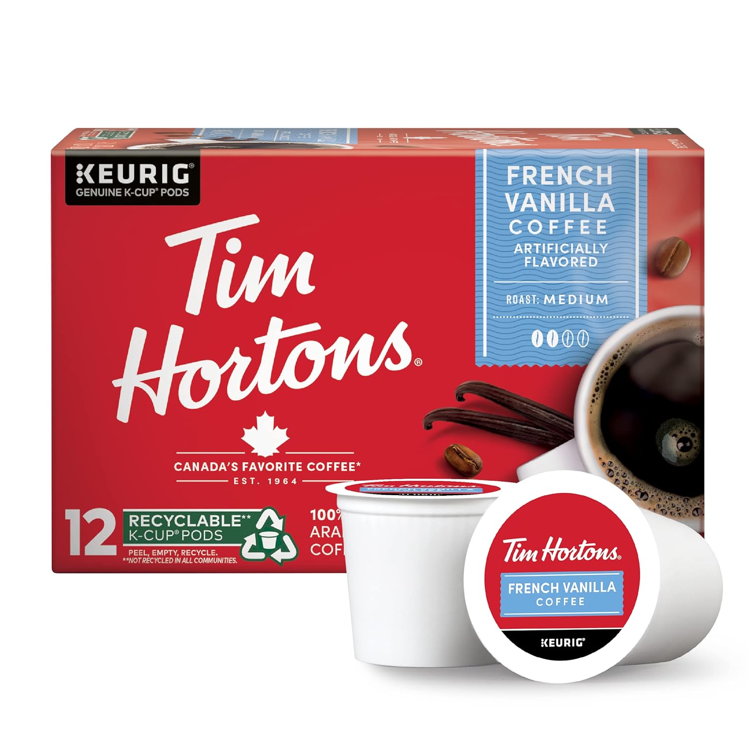12 single-serve k-cup pods in a 4.44-ounce box sized for standard kitchen storage