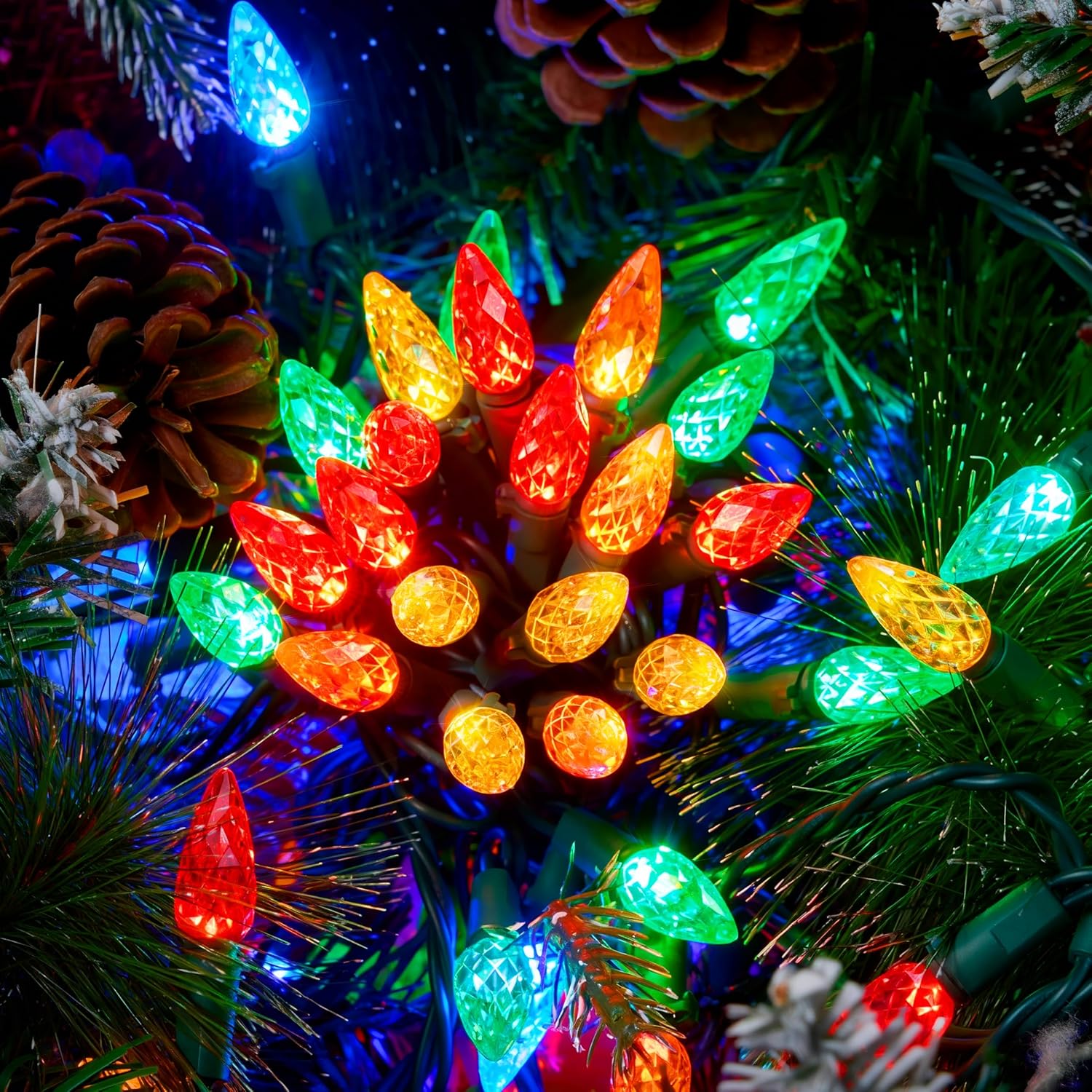 150 faceted c6 strawberry-shaped multicolor led bulbs on 50.6 ft green wire (48.8 ft lighted length)
