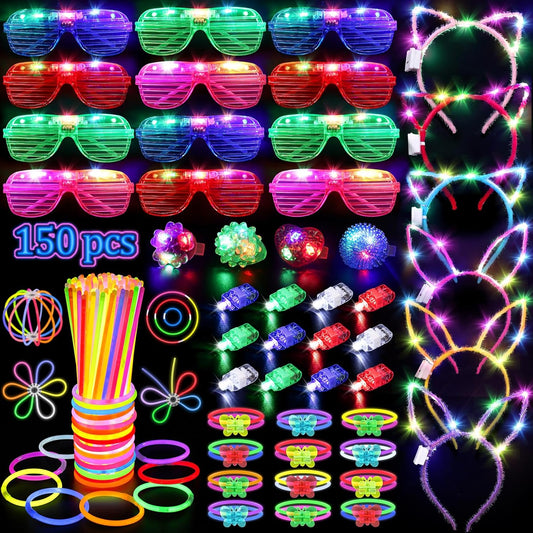 150-piece assortment: 100 neon glow sticks, 12 led glasses, 6 led headbands, 12 led finger lights, 4 led rings