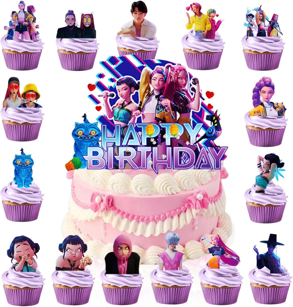 16-piece complete set including 1 large cake topper and 15 cupcake toppers