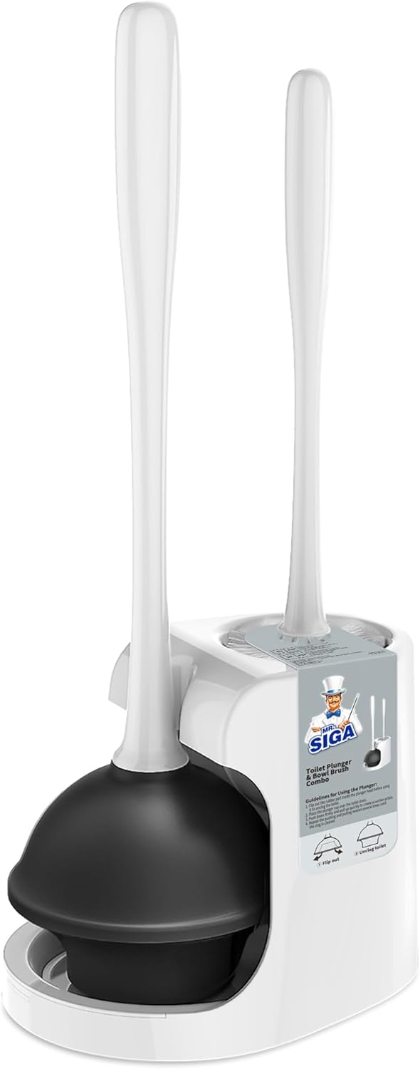 2-in-1 set: high-efficiency toilet brush, heavy-duty plunger, and two-compartment steady holder