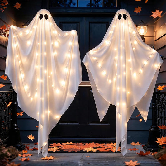 2-pack of 47.25-inch illuminated ghost figures with distinct spooky expressions