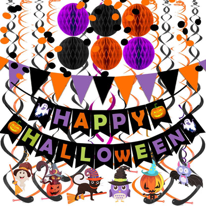 20-piece set: 6 honeycomb balls (6" dia), 12 paper swirls (31"), 1 confetti circle garland (147.5"), 1 triangle bunting flag (6.5ft), 1 happy halloween banner