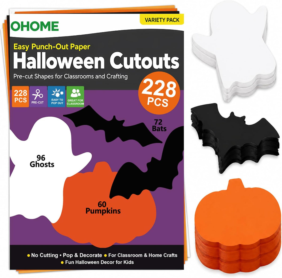228 pre-cut paper shapes: 96 ghosts, 72 bats, and 60 pumpkins