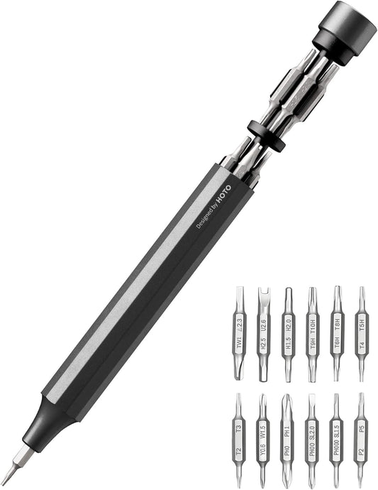 24 interchangeable precision bits covering phillips, flat, hex, torx, u-shaped, y-shaped, w-shaped, tri-wing, triangular, and pentagon heads