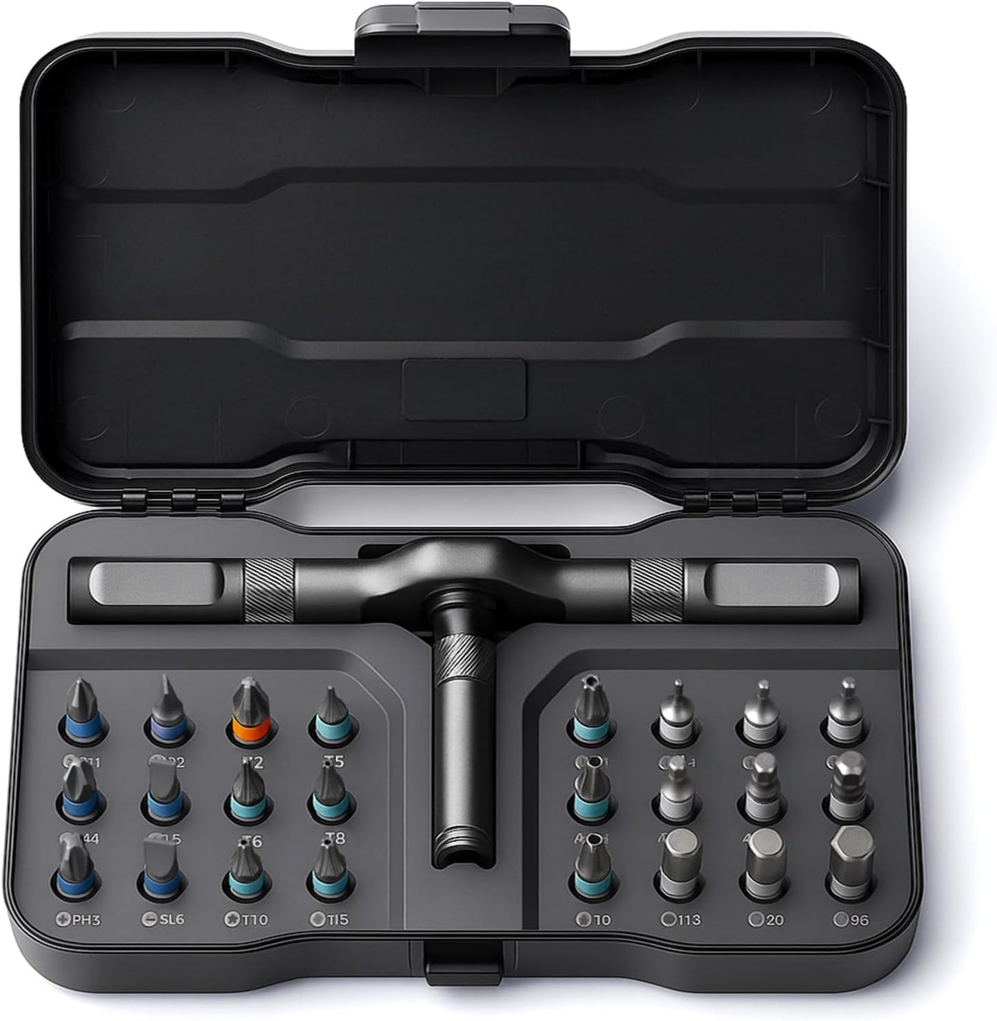 24 interchangeable s2 steel bits covering phillips, flathead, hex, and torx heads