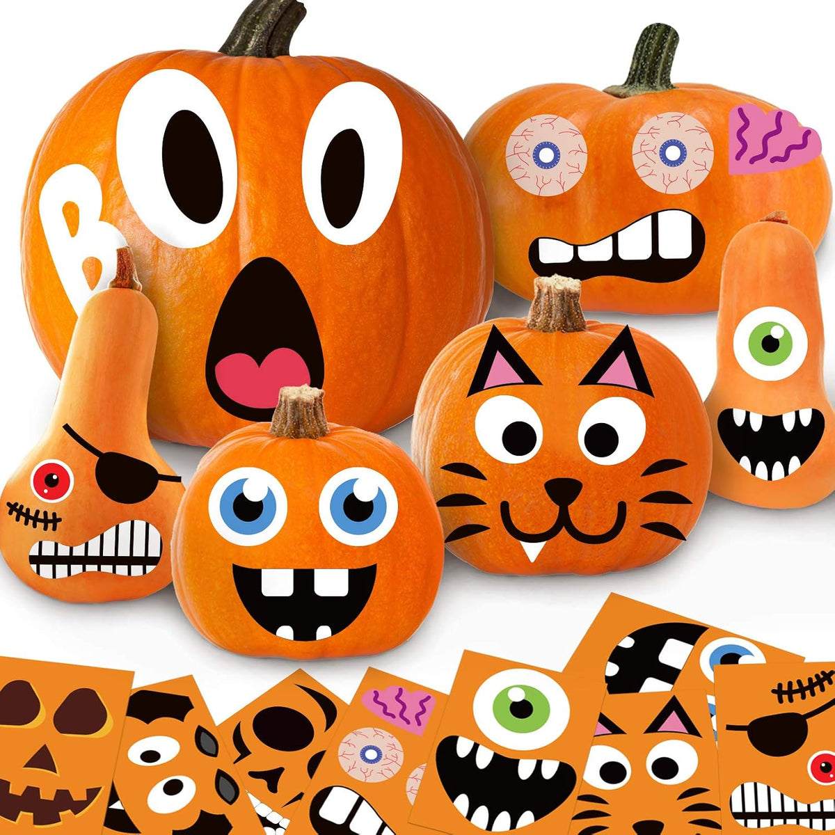 24 self-adhesive pvc vinyl sheets in 12 different pumpkin face designs