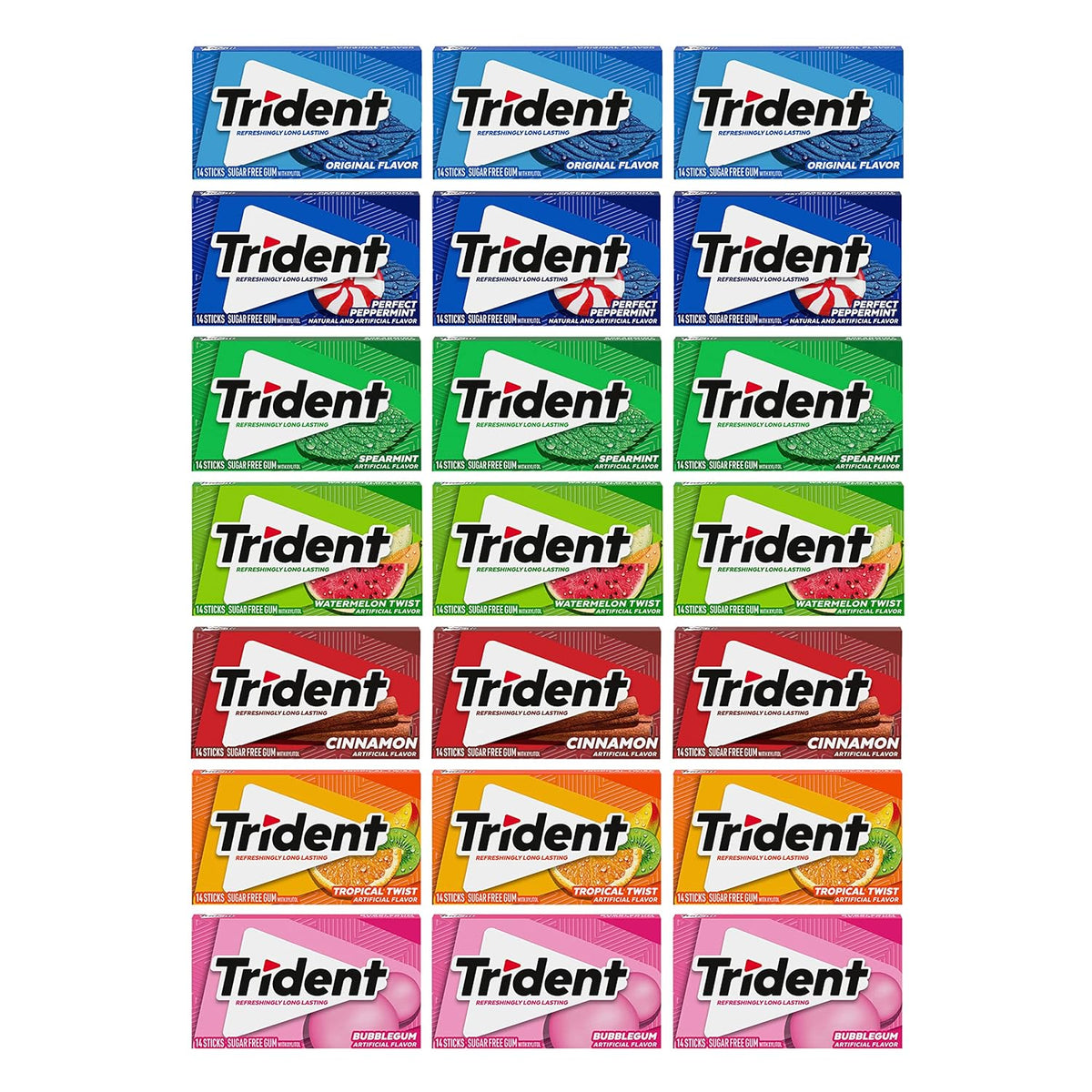 294 total pieces across 21 individually wrapped packs (3 packs each of 7 flavors: spearmint, original, watermelon twist, tropical twist, bubblegum, cinnamon, perfect peppermint)