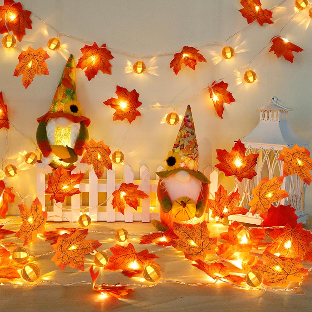 3 Pack Fall Garland with Pumpkin Lights – Cozy Maple Leaf Decor for Living Room Mantel and Autumn Bedroom Accents