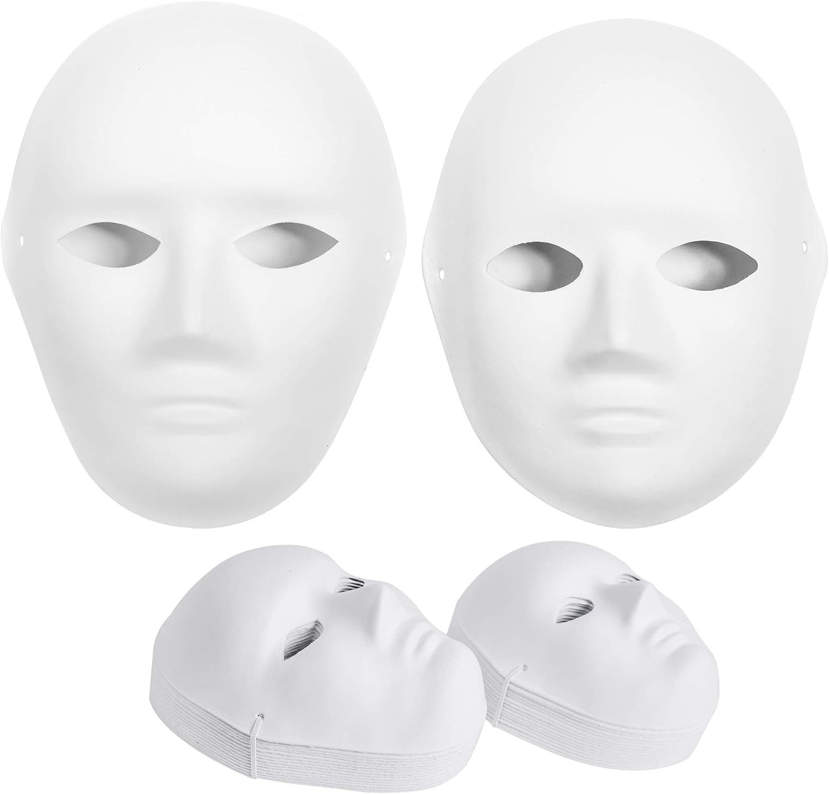 30-pack containing 15 large (7.5 x 9.5 in) and 15 small (6.8 x 8 in) paper mache masks