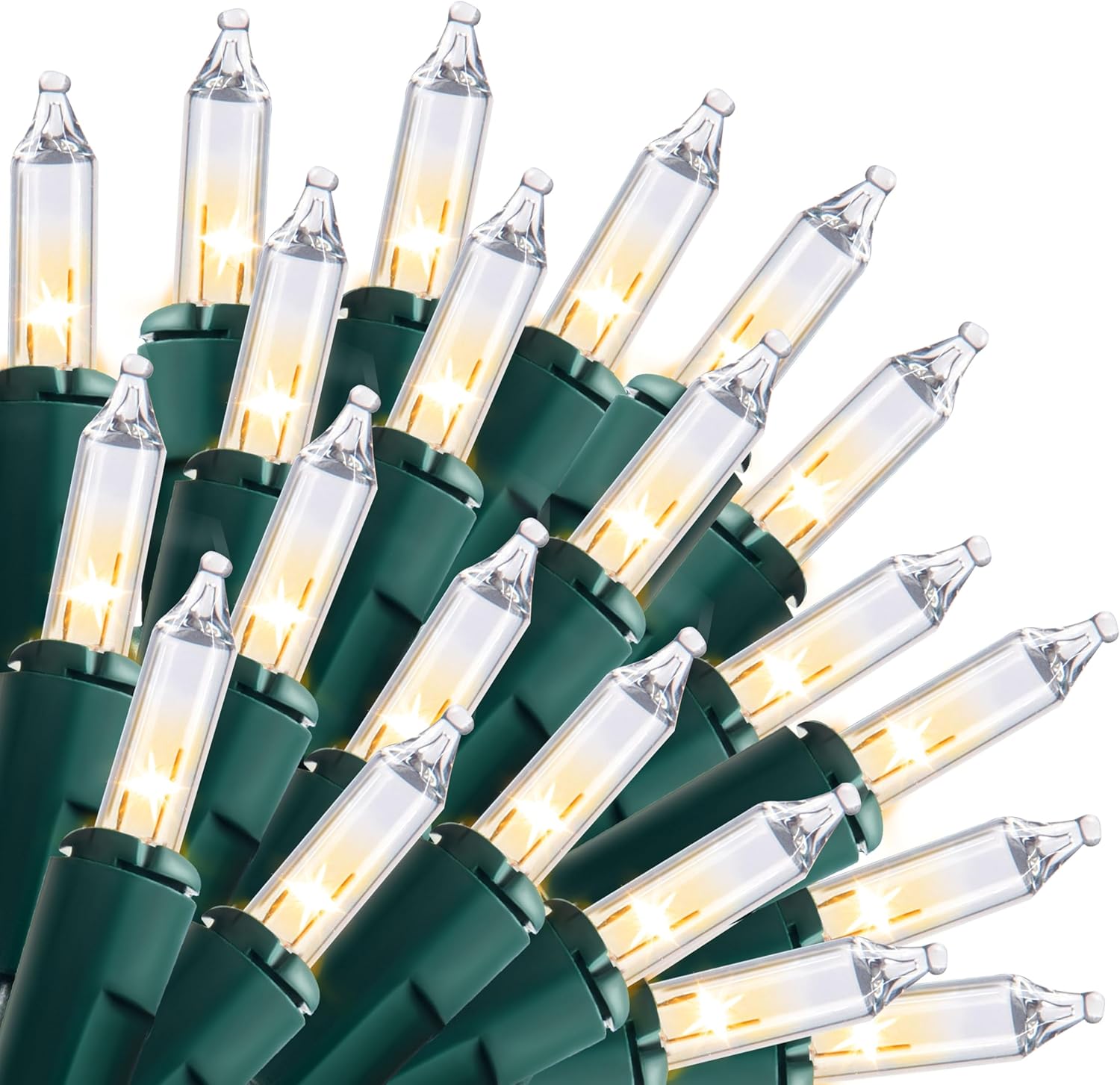 300 mini incandescent clear bulbs across 58.2 ft of lighted length on discreet green wire