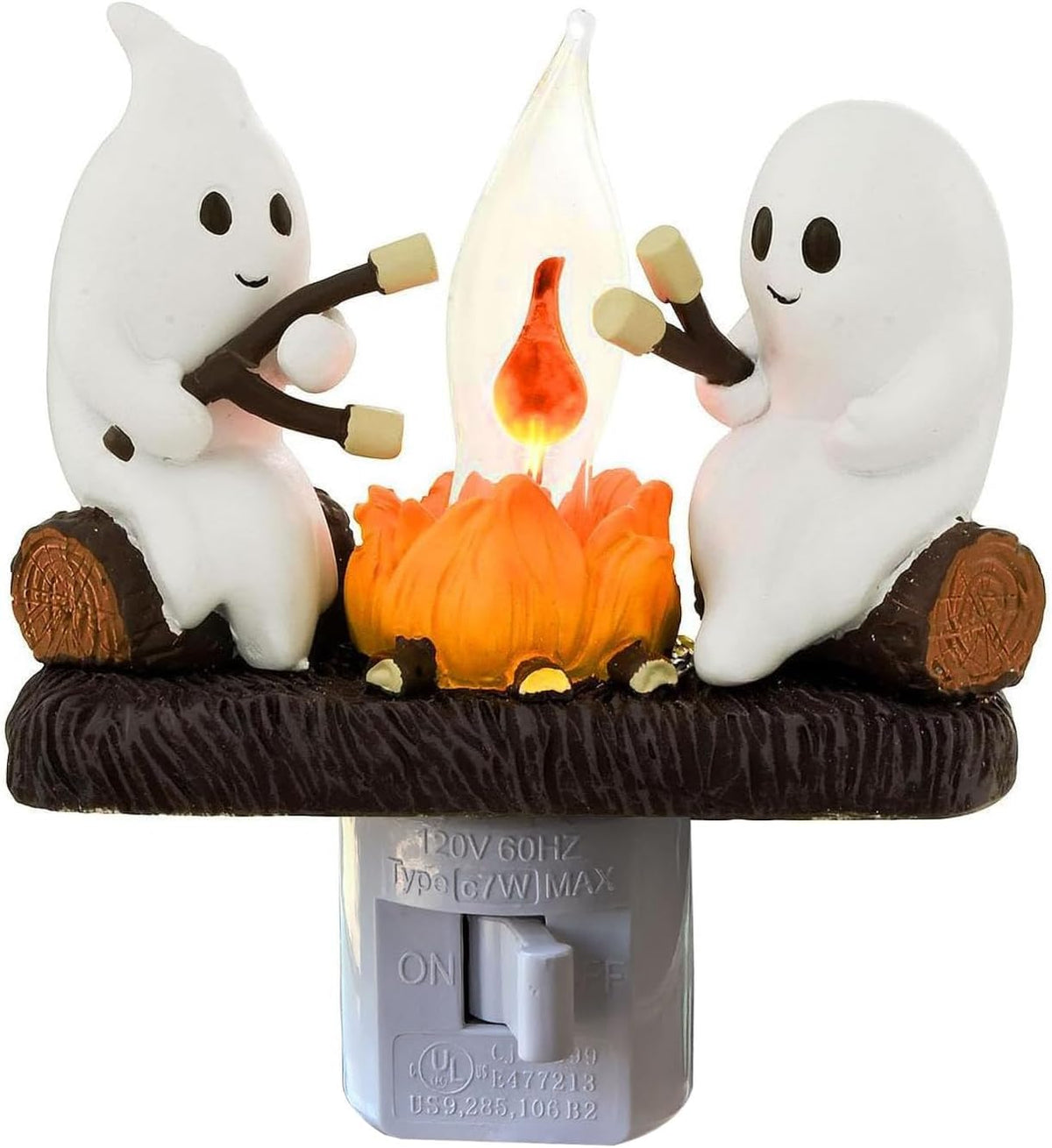 3d hand-molded resin figurine of two ghosts roasting marshmallows around a campfire