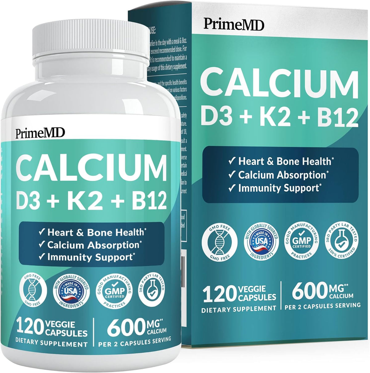 4-in-1 blend delivering 600mg elemental calcium, 5,000 iu vitamin d3, vitamin k2 (mk-7), and 1mg vitamin b12 per 2-capsule serving
