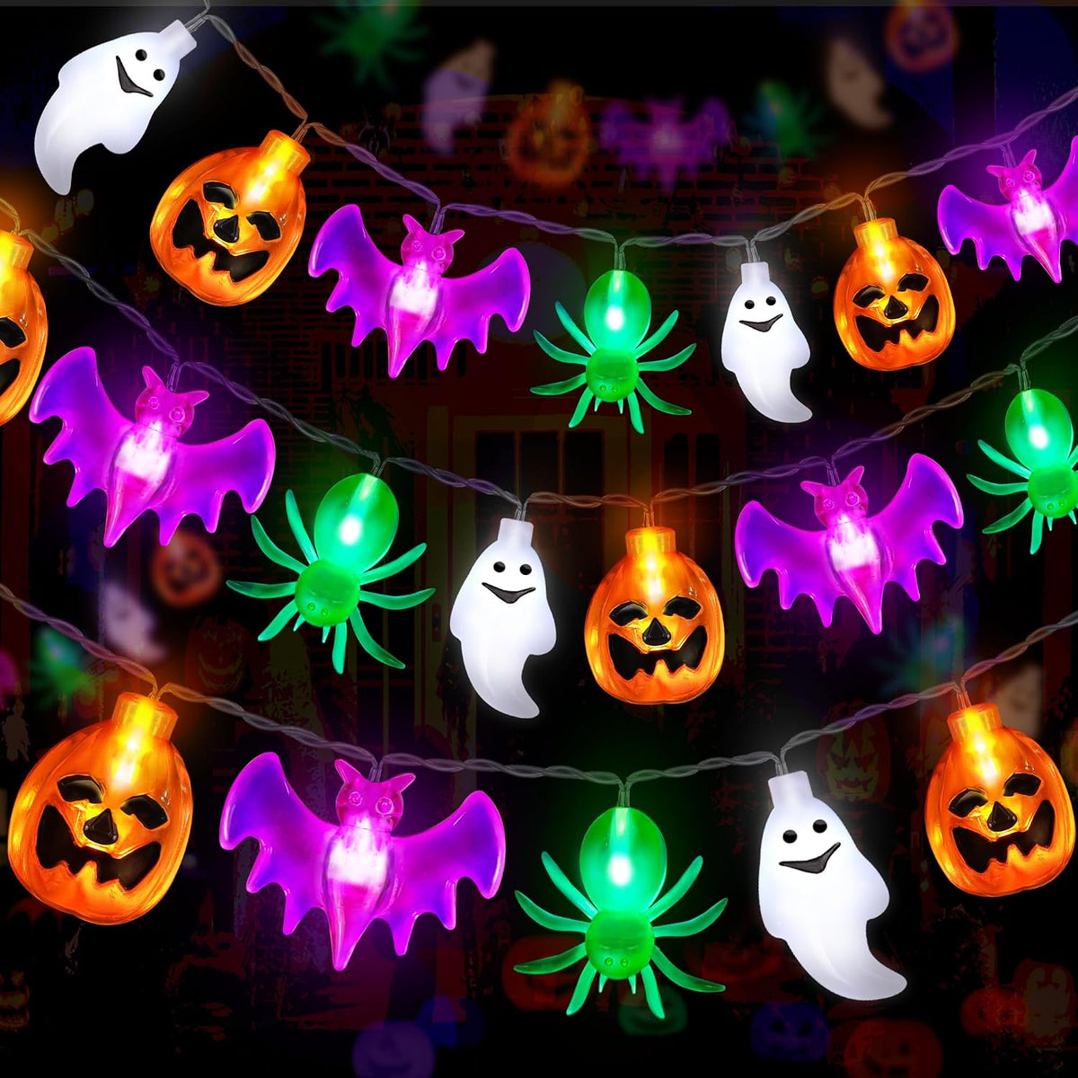 40 leds across 20 feet of string with pumpkin, bat, spider, and ghost shaped covers