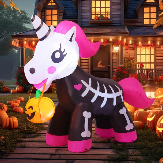 5-foot tall pink skeleton unicorn with pumpkin design
