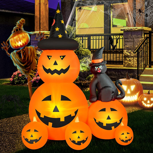 6 ft tall inflatable ghost pumpkin with witch's black cat design