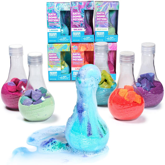 6-pack variety of bath bomb potions in flask-shaped containers