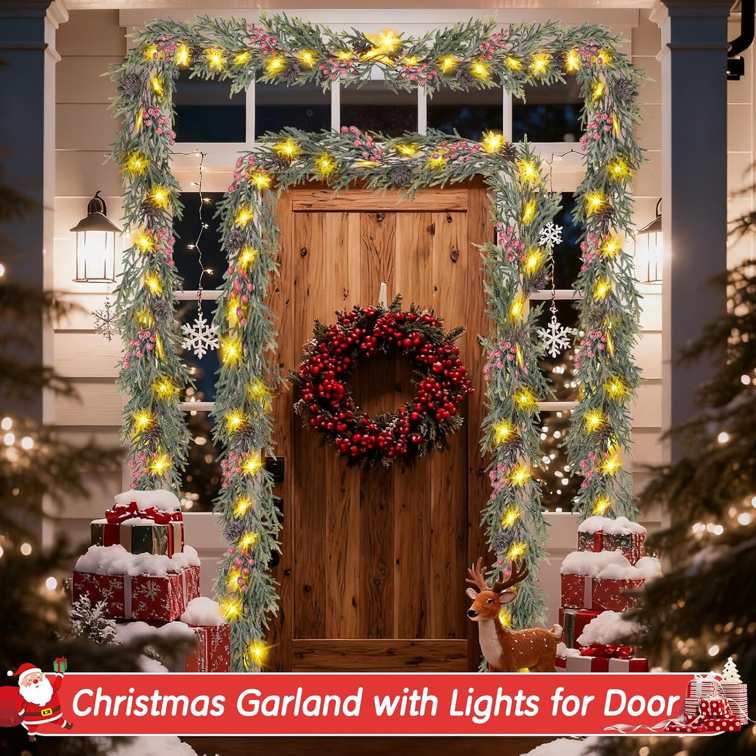6FT Cordless Christmas Garland with Cool-to-Touch LED Snowflake Lights – Pet and Child Friendly Festive Decor