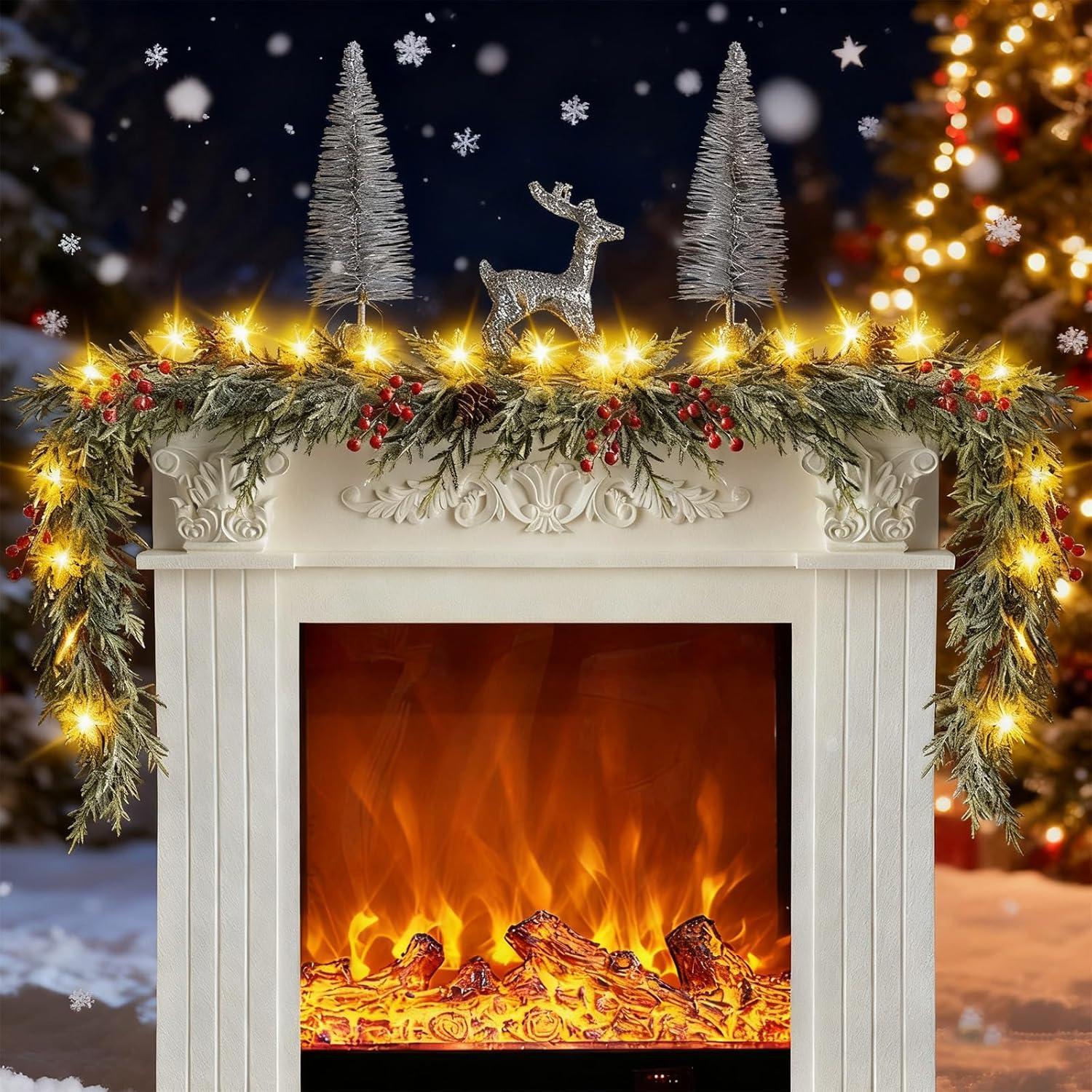 6FT Cordless Christmas Garland with Cool-to-Touch LED Snowflake Lights – Pet and Child Friendly Festive Decor