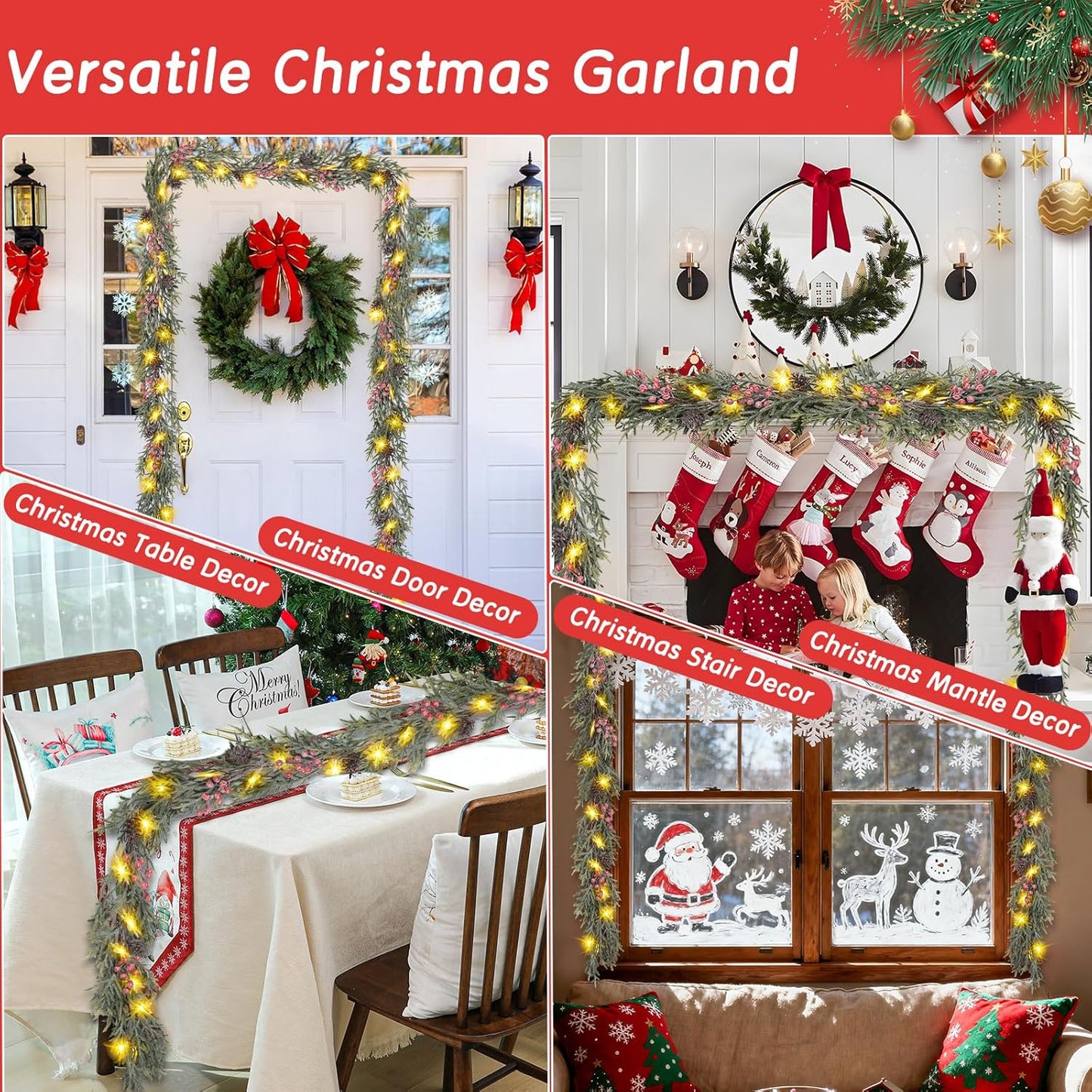 6FT Cordless Christmas Garland with Cool-to-Touch LED Snowflake Lights – Pet and Child Friendly Festive Decor