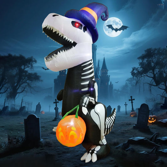 8-foot tall skeleton t-rex dinosaur inflatable with pumpkin accent