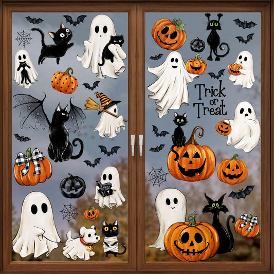 87 pieces across 6 vinyl sheets (35cm x 25cm each) including ghosts, jack-o'-lanterns with plaid bows, black cats, bats, and cobwebs