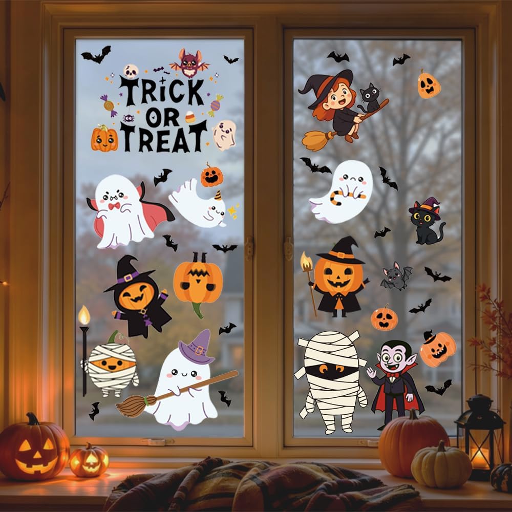 9-piece set containing 3 halloween clings, 3 thanksgiving clings, and 3 christmas clings