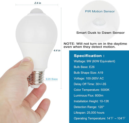 9W Motion Sensor Bulb E26 – Hands-Free Outdoor Light for Garage, Driveway, Side Yard, Garden Path