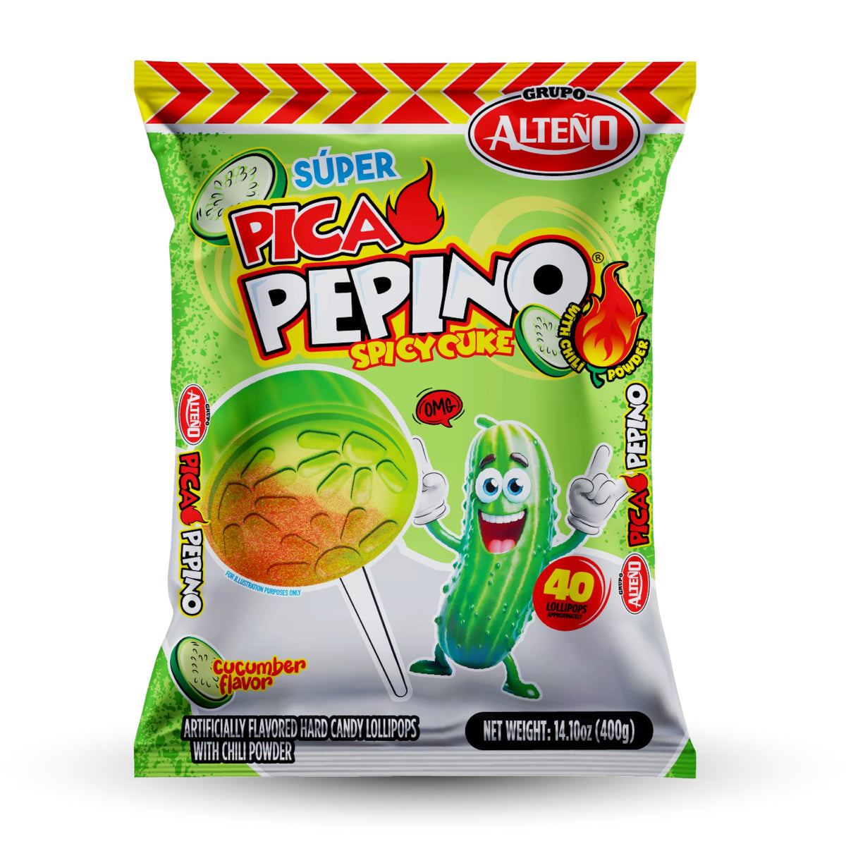Alteño (Alteno) Super Pepino Cucumber Chili Lollipops, Mexican Style Spicy Candy, Individually Wrapped, 40 Count