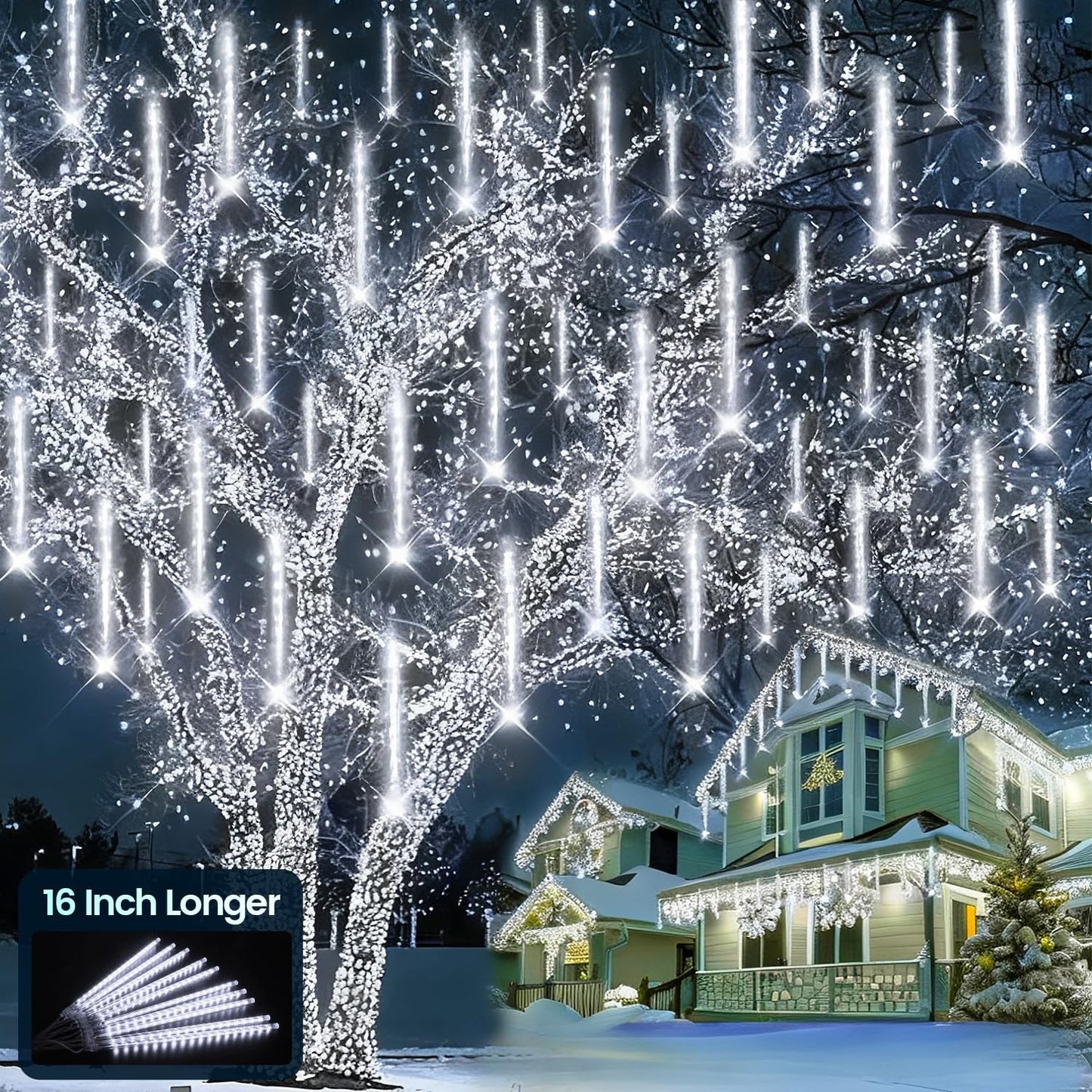 Aluan Icicle Meteor Lights – Durable Outdoor Decor for Garden Trees, Eaves, and Patio Overhangs in Rain or Snow