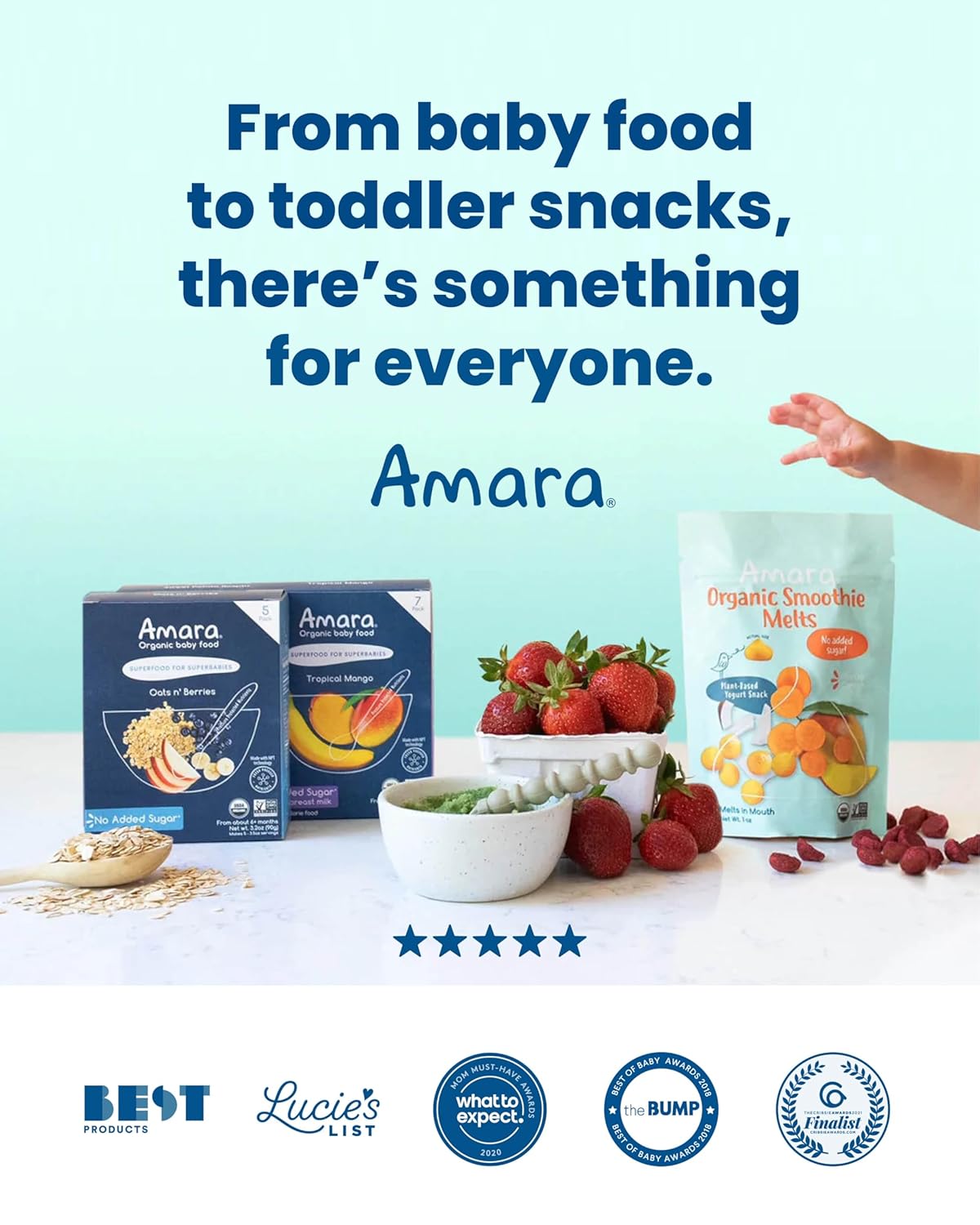 Amara Organic Baby Cereal with Transparent Whole Food Ingredients, Clean Label Pouches for Careful Parents, 3.5oz 5-Count