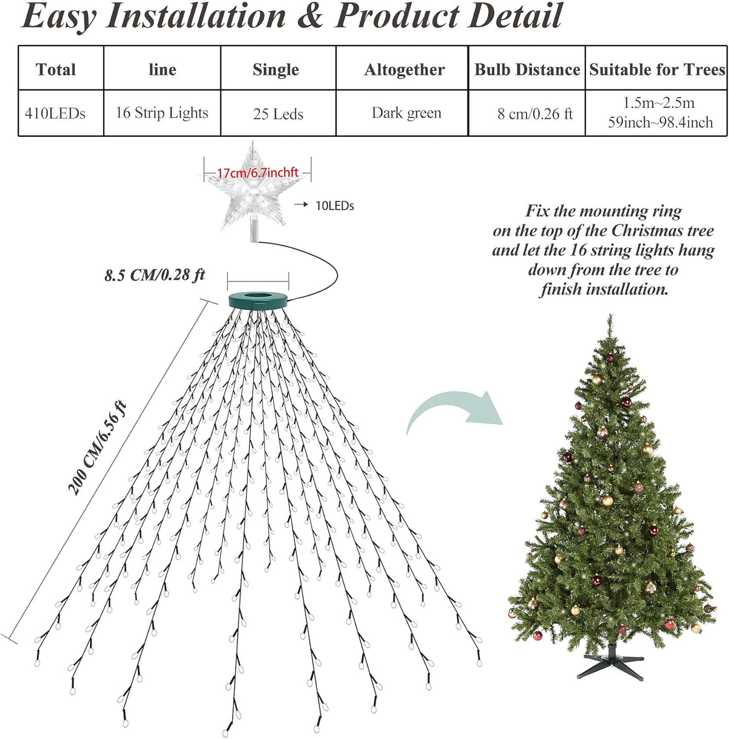 aneeway Cool Touch LED Cascade Lights – Child and Pet Friendly Christmas Decor, Timer Auto Shutoff