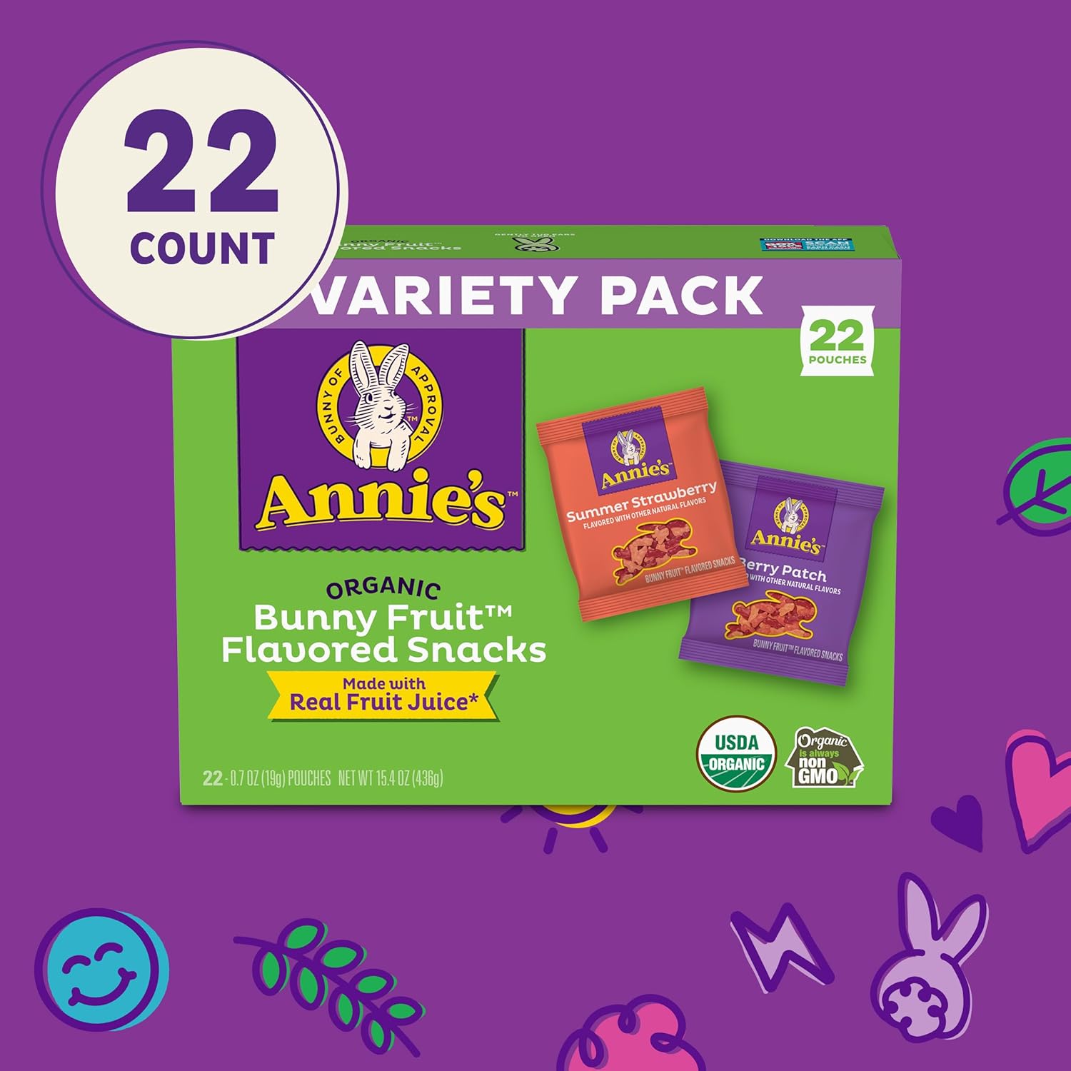 Annie's Organic Bunny Fruit Snacks – Allergy-Friendly Classroom Treat for Kids' Parties, 22 Pouches