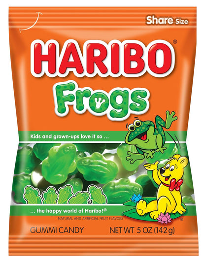 apple-flavored green gummy candies shaped like frogs with white bellies
