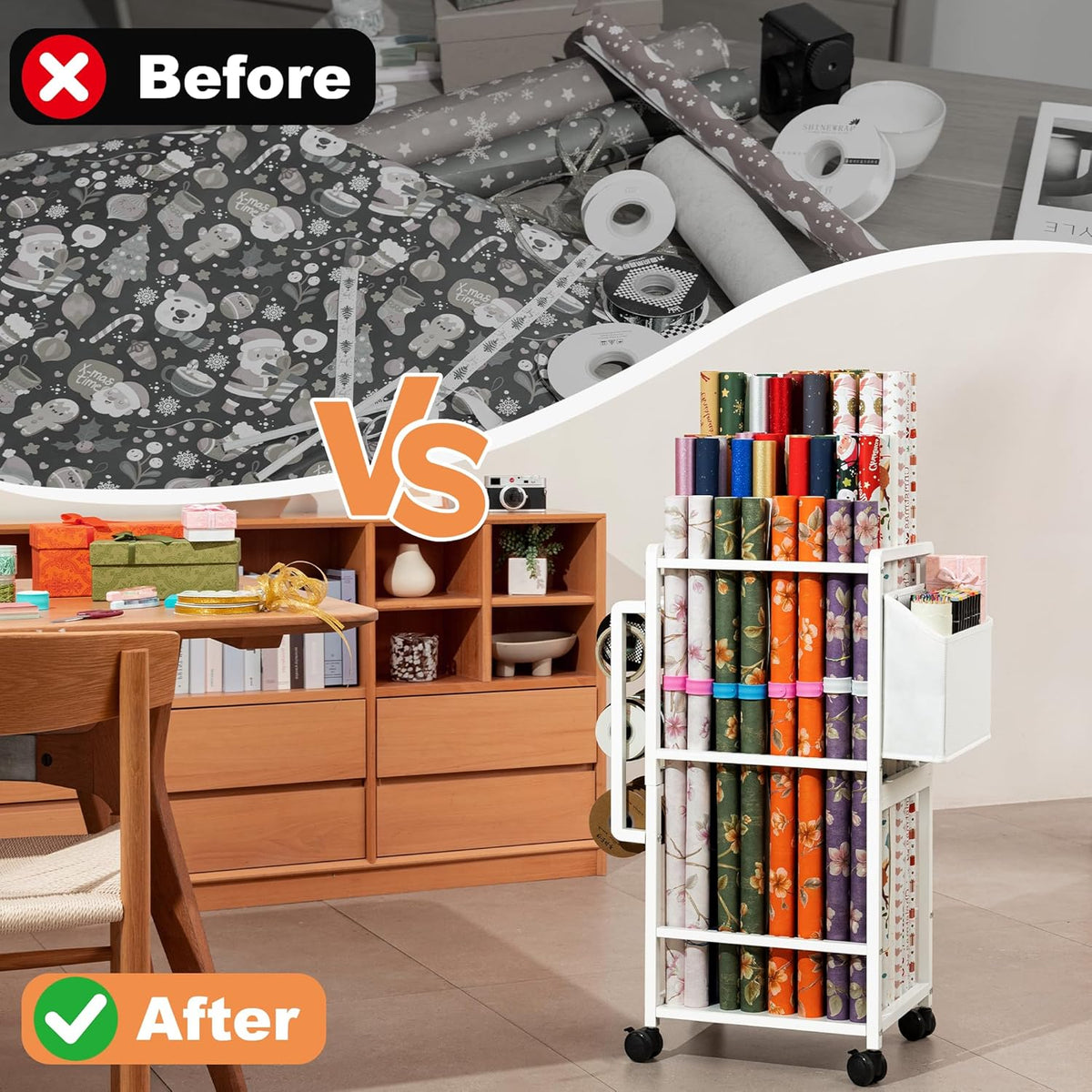 Aquzee Wrapping Paper Organizer White – Vertical Storage for Clutter-Free Hallway Closets