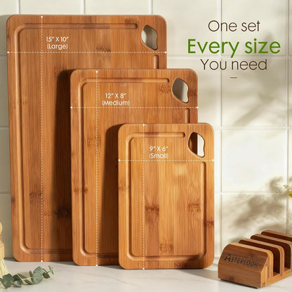 Astercook 3-Piece Bamboo Cutting Board Set – Space-Saving Minimalist Kitchen Organizer, Nested Boards with Wooden Stand